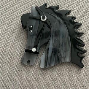 Black and Gray Horse Brooch Lucite/Plastic Over 2”